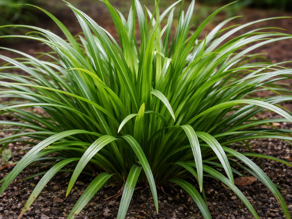 Close-up van grasachtige liriope-bladeren in de tuin, met zichtbare bladrand en polvorm.