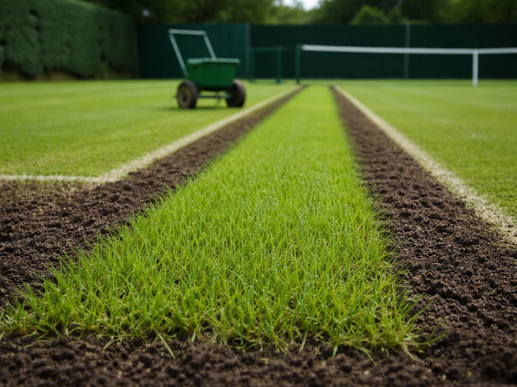 Close-up van een professioneel ingezaaide tennisbaan met fris Engels raaigras, zonder spelers of publiek.