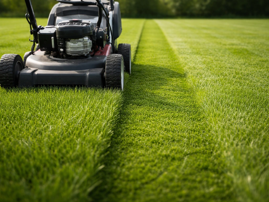 Gazonmaaier die een dicht, strak grasveld net op de juiste maaihoogte maait
