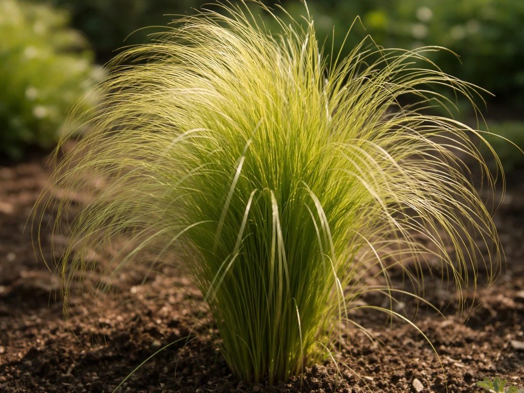 Close-up van Stipa tenuissima ‘Ponytails’ met extreem smalle, lijnvormige blaadjes die licht krullen aan de punt.