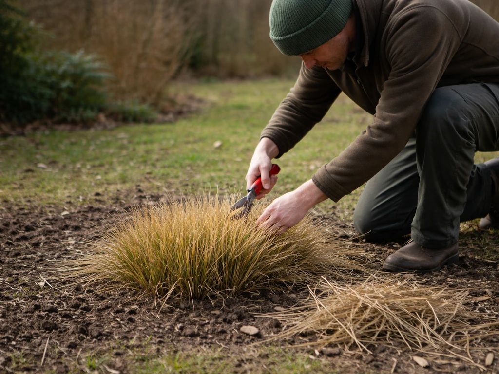 Tuinier knipt Stipa-pol ‘Ponytails’ terug voor de voorjaarsknip, met korter en strakker polletje in de tuin.