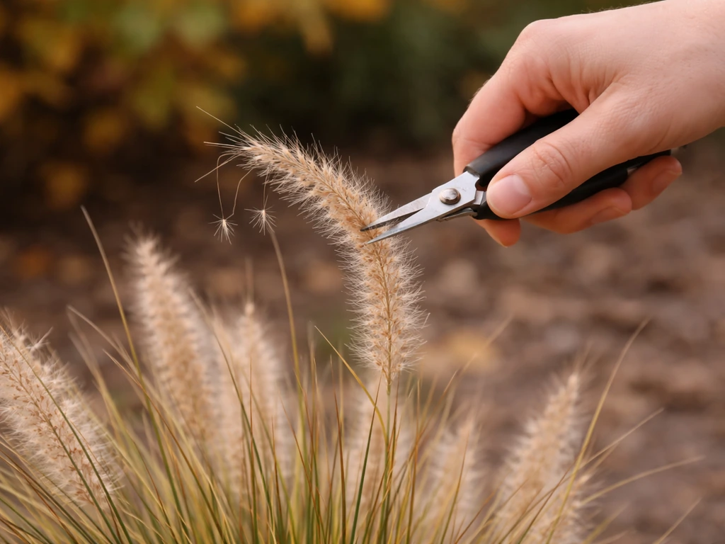Hand knipt een grasaar in het najaar af, waardoor zaadpluimen niet kunnen uitvallen.