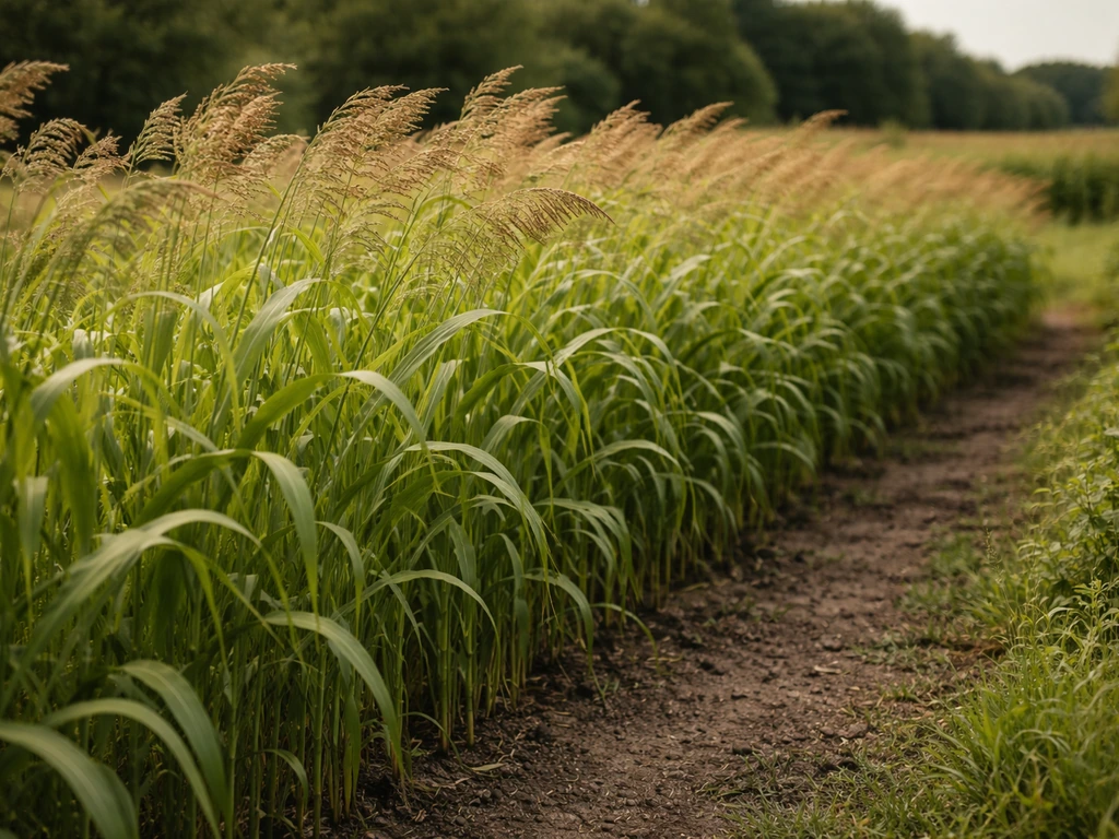 Weelderig sorghum gras in een Nederlandse tuin/landschapsstrook met slanke stengels en pluimen in zomerlicht.