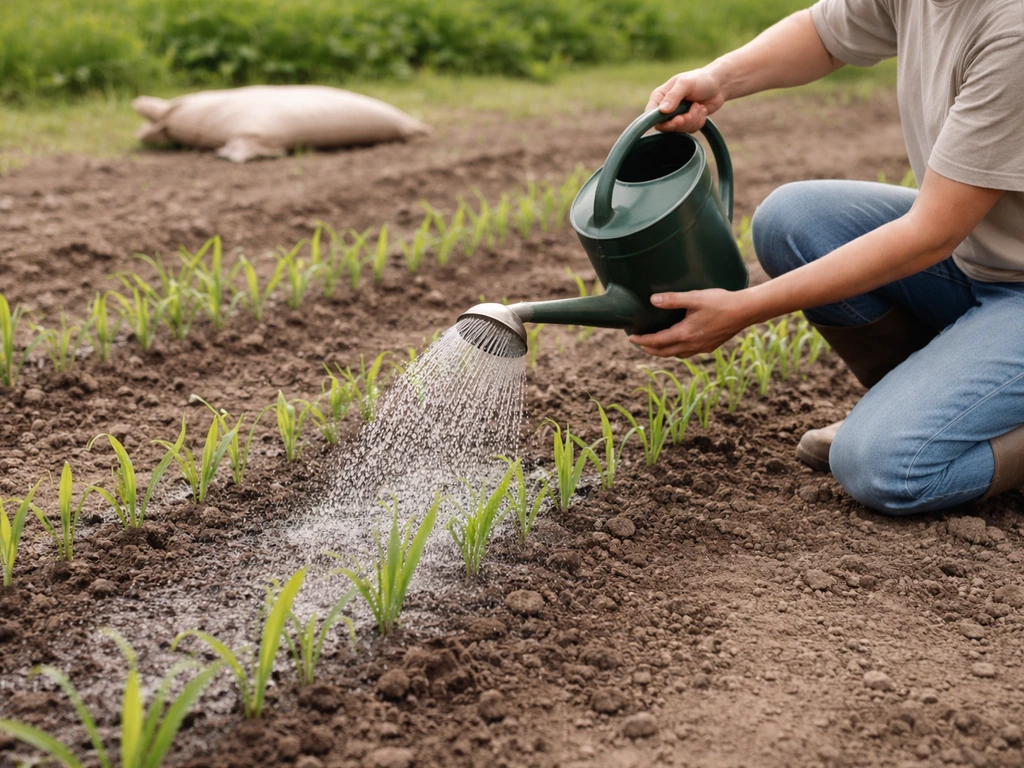Landbouwer geeft water aan sorghum; meststrooisel en compost staan vaag op de achtergrond in de tuin.
