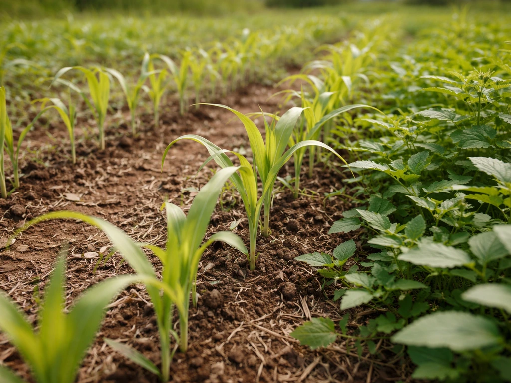 Jonge sorghumplanten in een veld, deels overschaduwd door sneller groeiend onkruid.