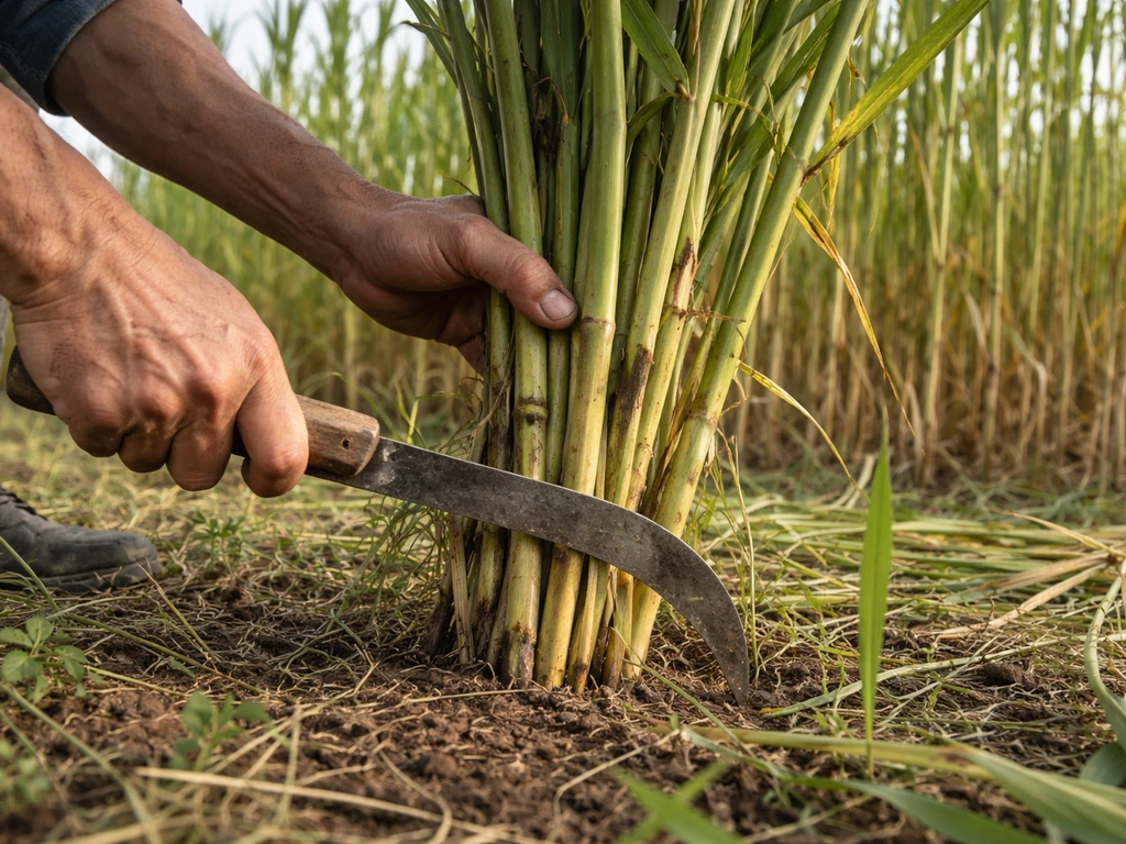 Iemand snijdt voedersorghum net boven de grond tijdens de oogst, ongeveer 10–15 cm.