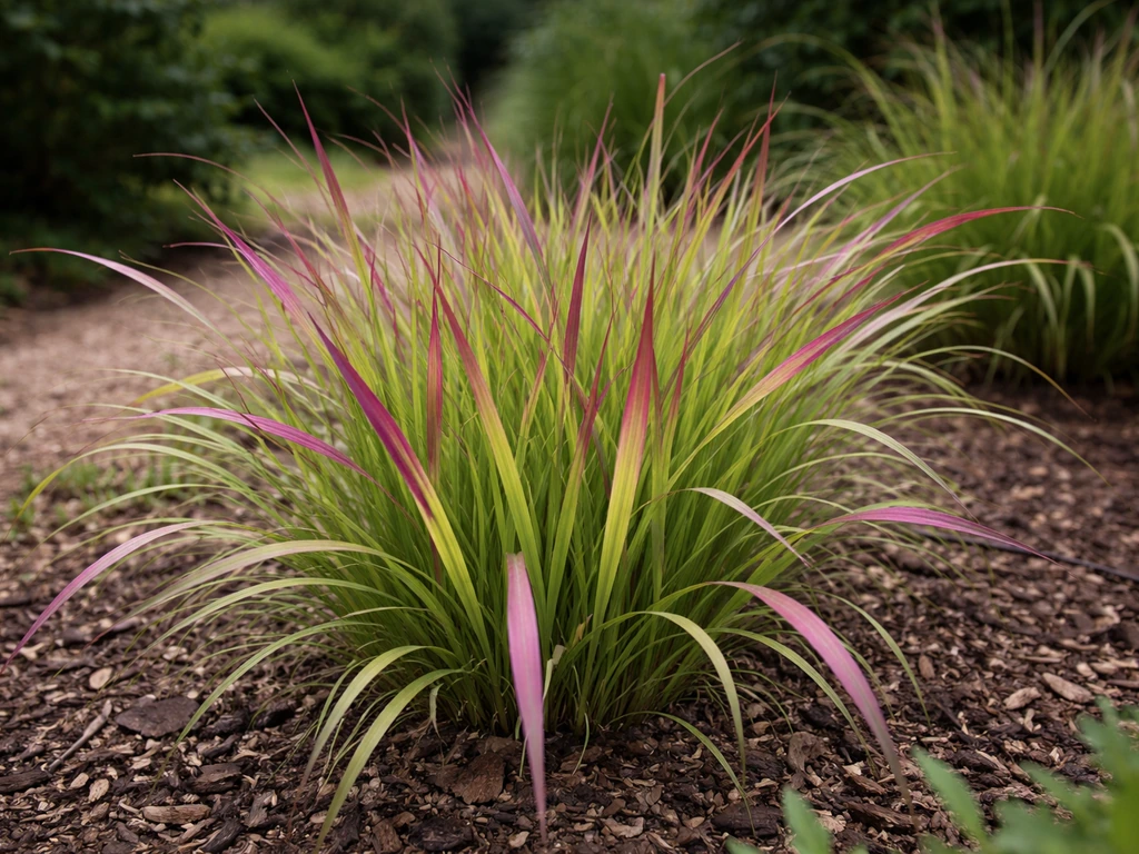 Siergrasperceel met roodpaarse verkleuring aan de sprieten, in een Nederlandse tuin, als aanwijzing voor fosfortekort.