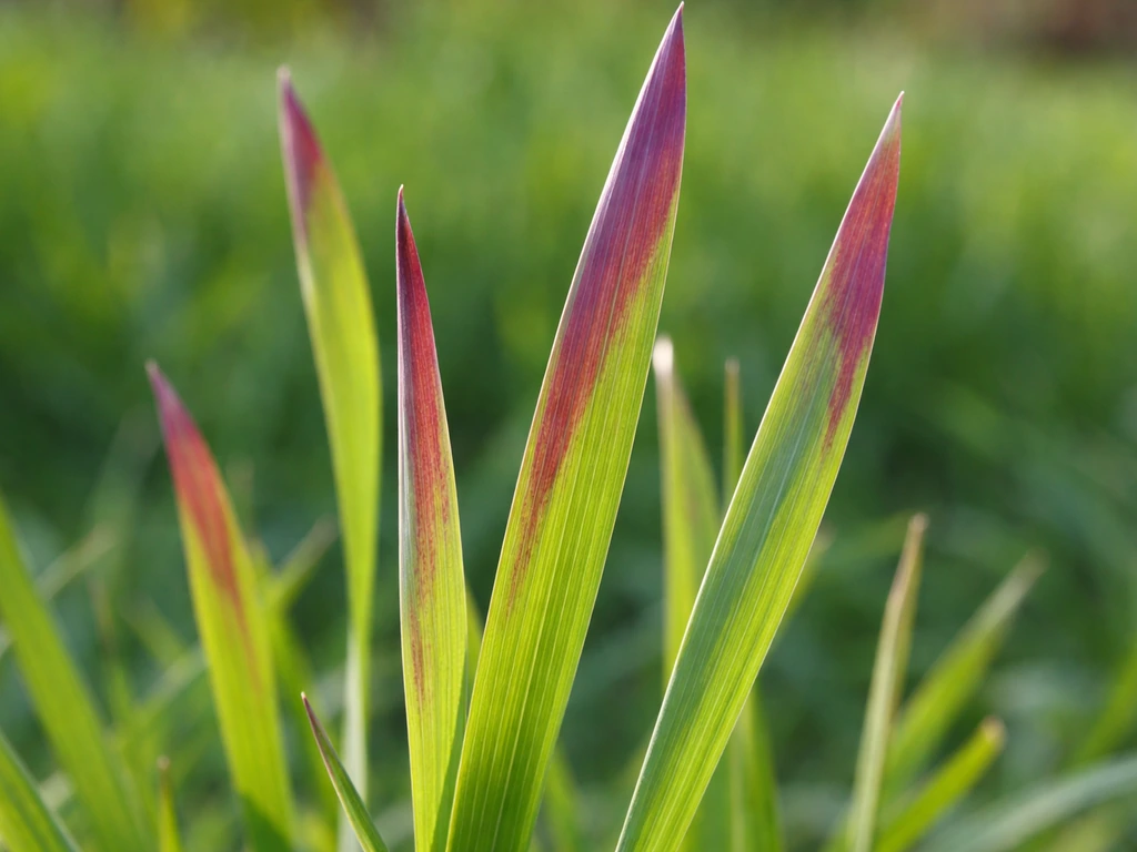 Close-up van gras met paarsachtige roodviolette verkleuring op bladpunten, tegen een onscherpe achtergrond.