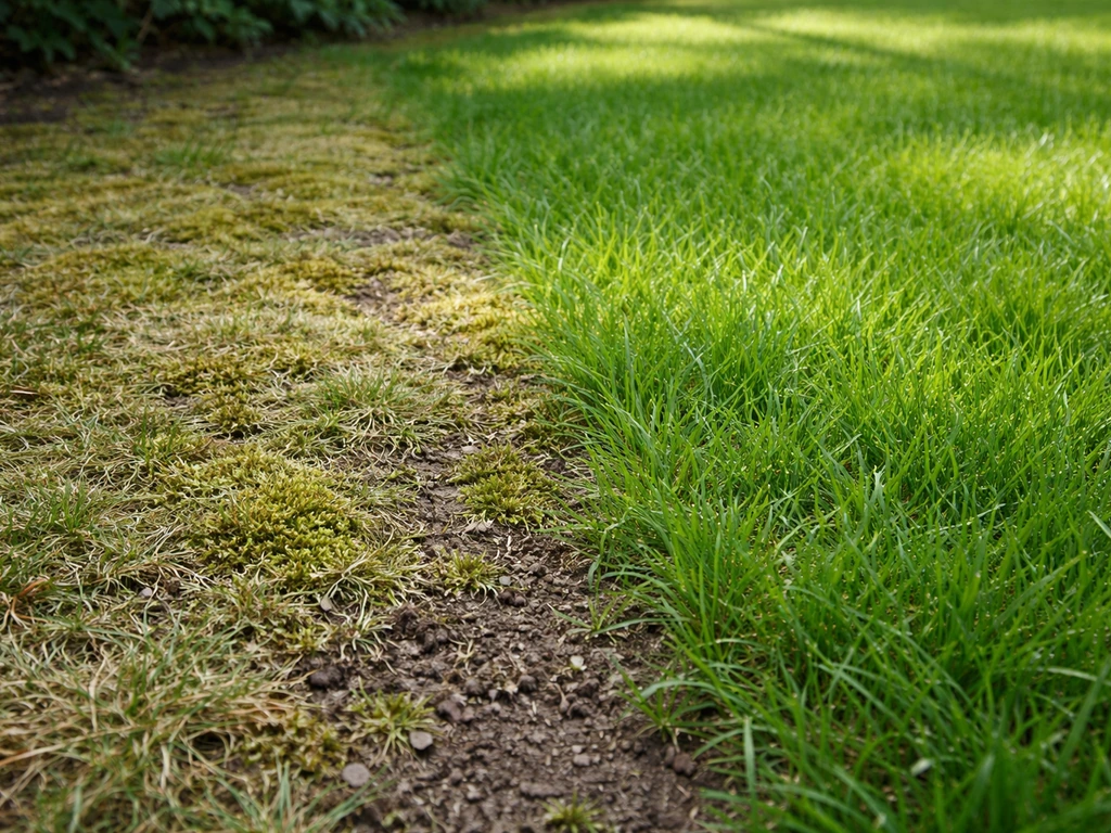 Close-up van een mosplek met schraal gras naast gezond, dicht gras op het gazon.
