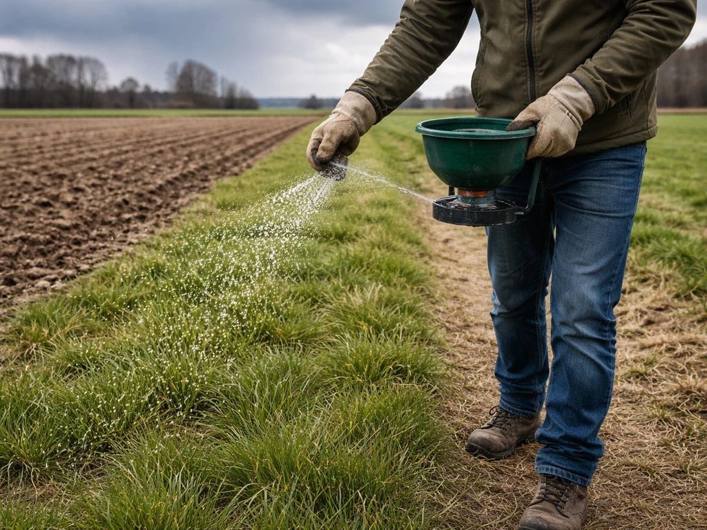 Werkhandschoenen met handstrooier die fosfaatkorrels uitstrooit op een grasstrook bij dreigende regen in Nederland.