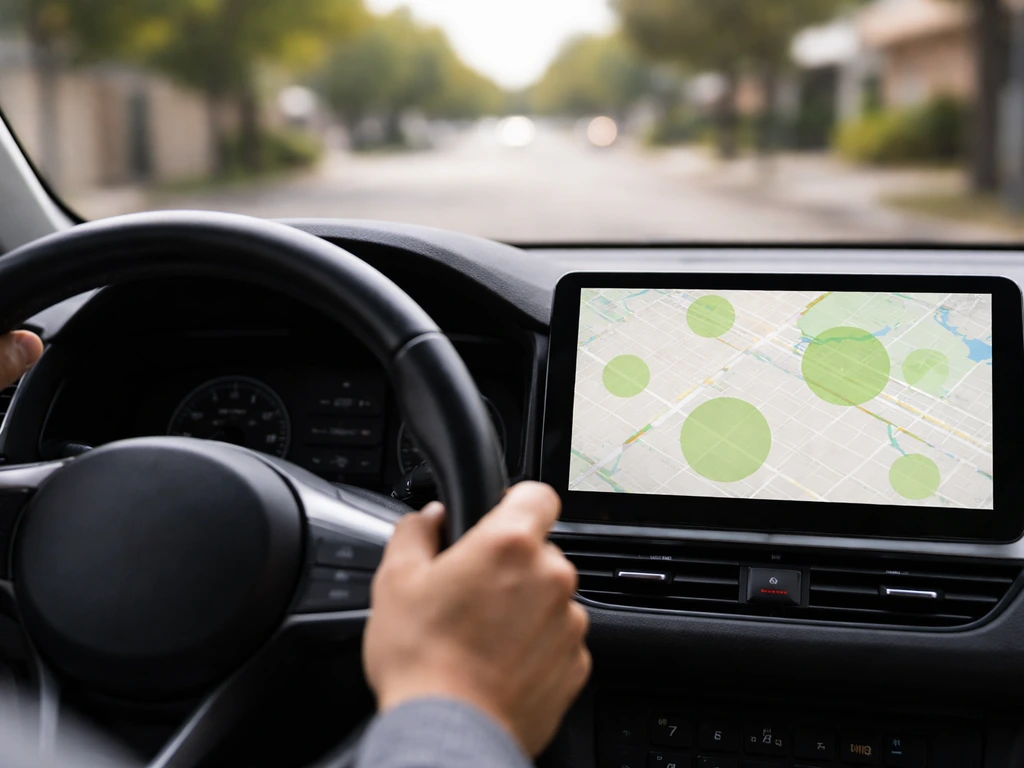 Franklin bij een dashboard in de auto terwijl op een scherm lichtgroene cirkels verschijnen