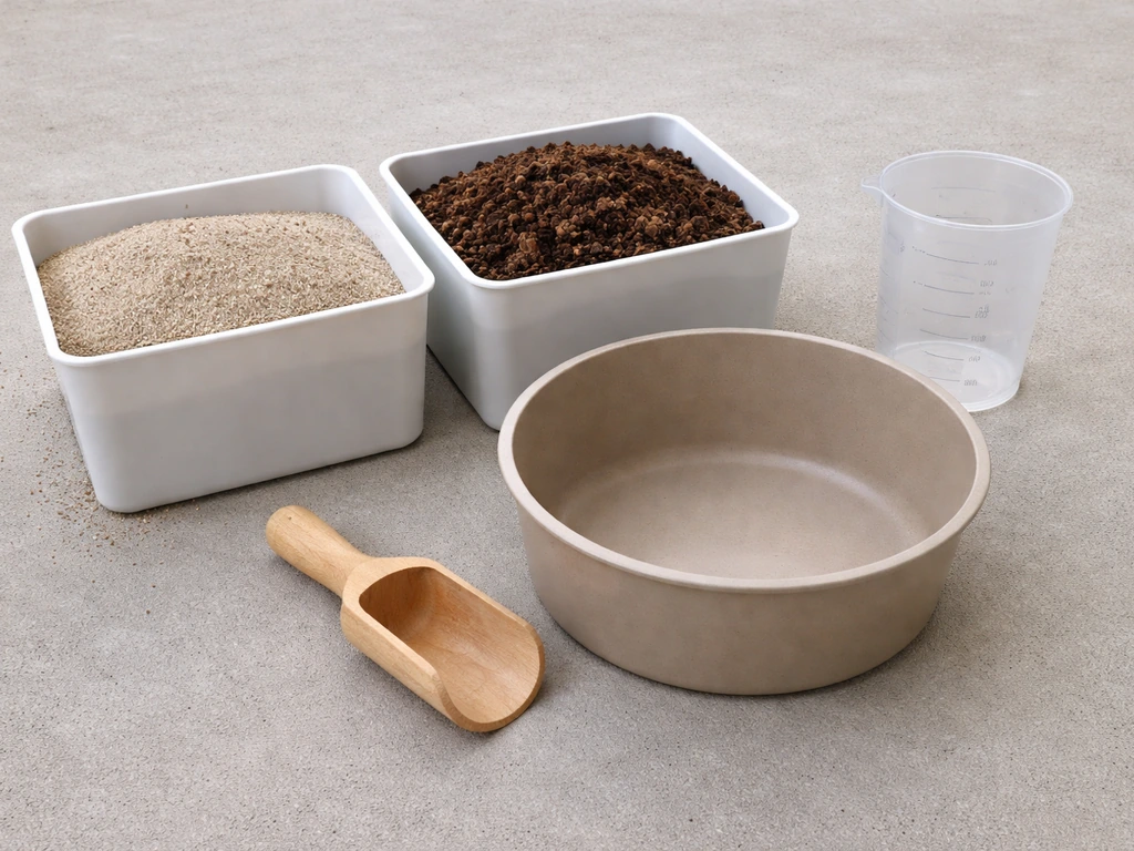 Bakjes met kwartszand en compost met maatbeker klaar om te mengen voor een 3-op-1 mengsel.