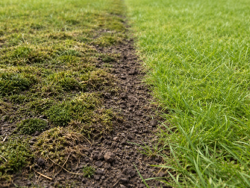 Tuinpad met zichtbare mosvlekken en verdichte viltlaag, naast een net beluchte en gereinigde strook