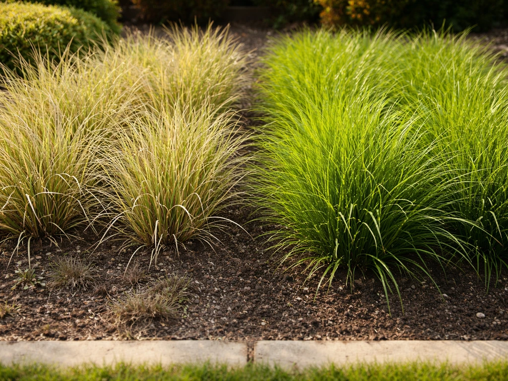 Links grauw en verbleekt heidegras met mogelijke kale plekken, rechts gezond groen gras in dezelfde pot/tuinrand.