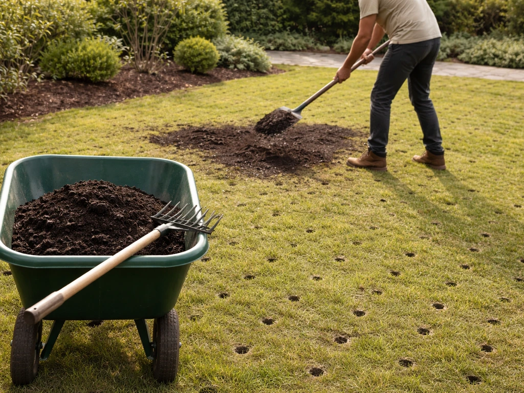 Anonieme tuinier spreidt compost in een dunne laag op een kort gemaaid, net belucht gazon.