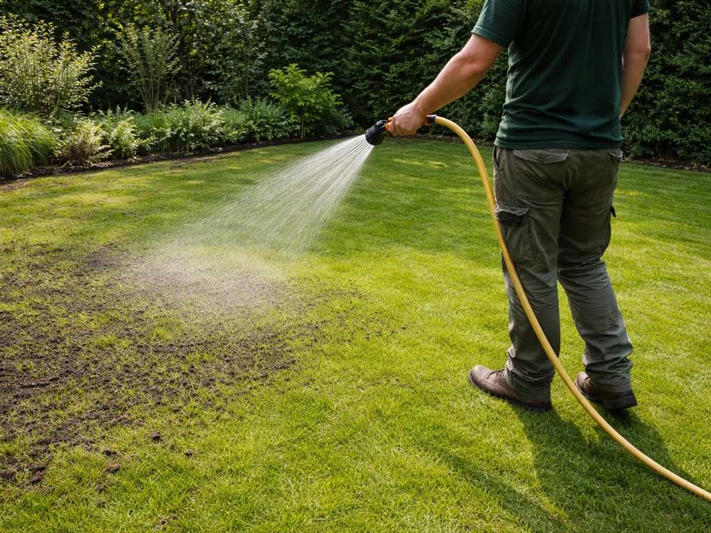 Tuinman besproeit een gazon na compost uitrijden; compostlaag wordt minder los, inklinken zichtbaar