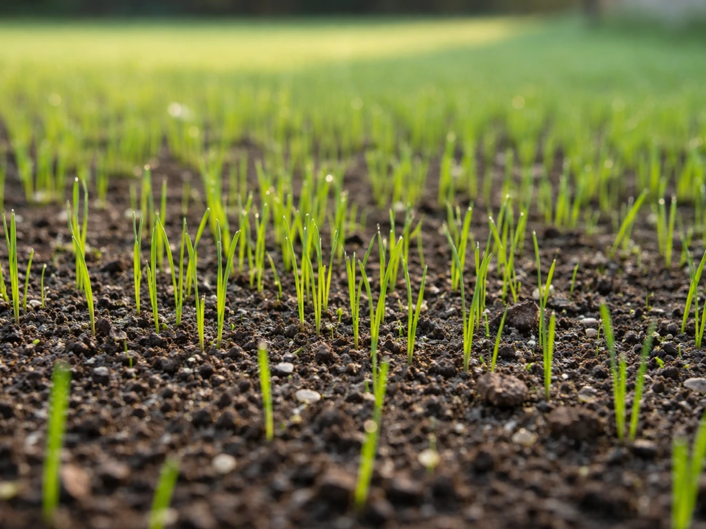 Close-up van verse grassprieten en kiemen in een net aangelegd gazon dat begint dicht te groeien.