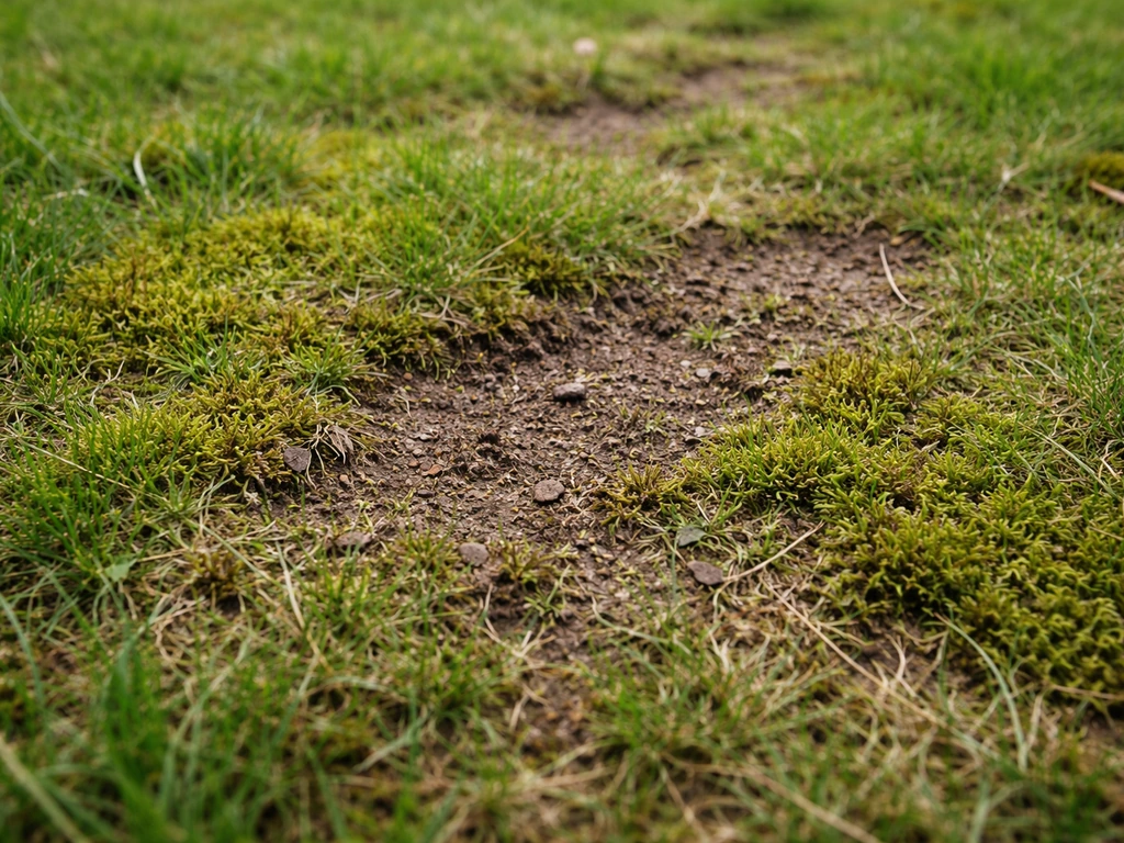 Kale en mosplekken in een gazon met zichtbare sponsachtige verdichting op de grond.