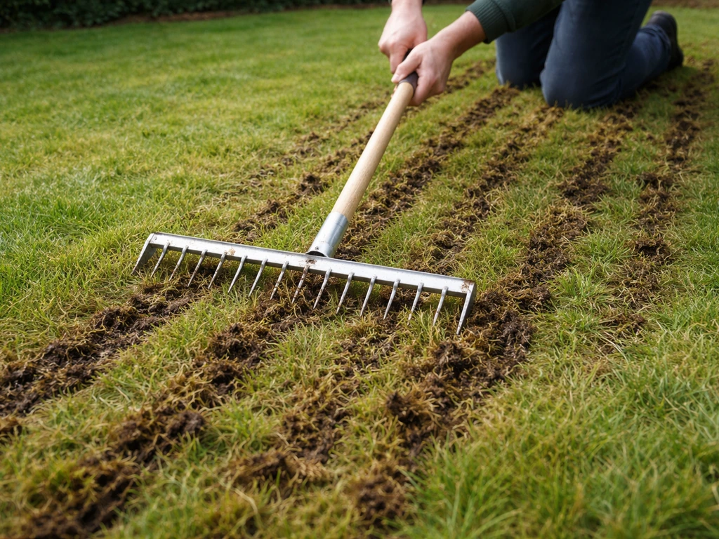 Iemand verticuteert een gazon: verticale snedes zichtbaar met uitgekomen mos en vilt