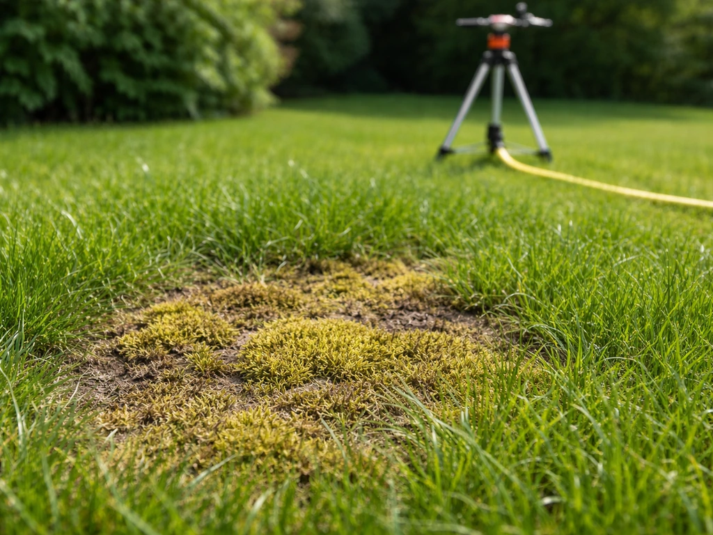 Groen gazon met mosplekken, met onscherpe tuinspuit op de achtergrond als subtiele verwijzing naar behandeling.