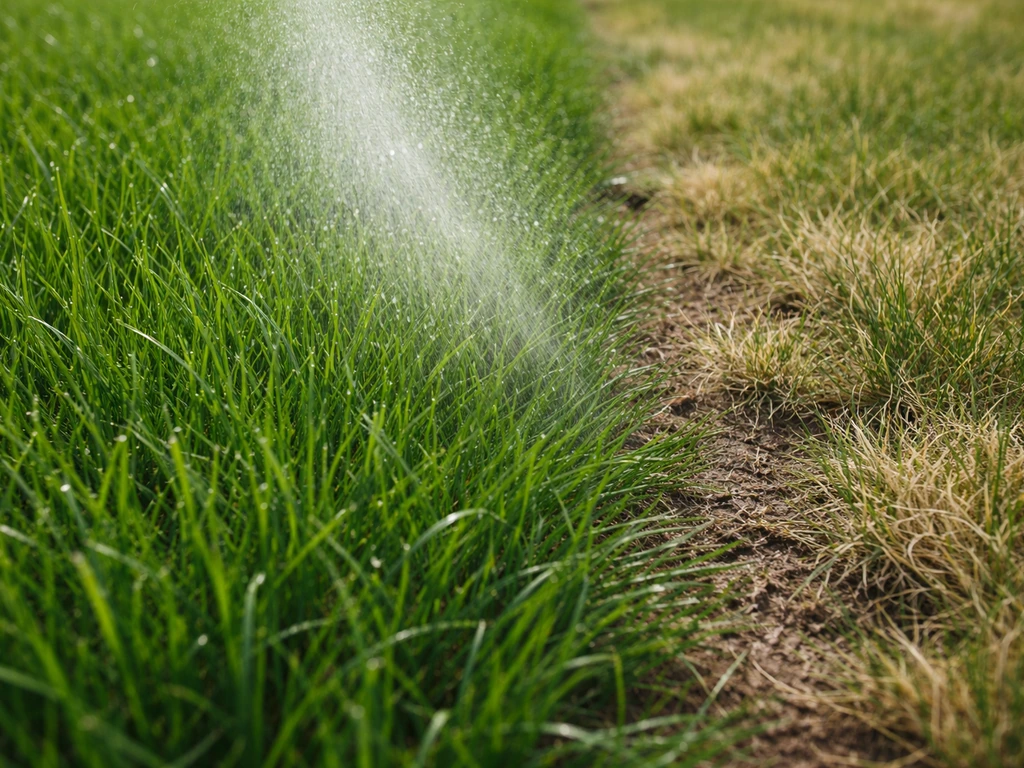 Close-up van gazon met spuitnevel op grassprieten, met zichtbaar gezond en verzwakt gras naast elkaar.