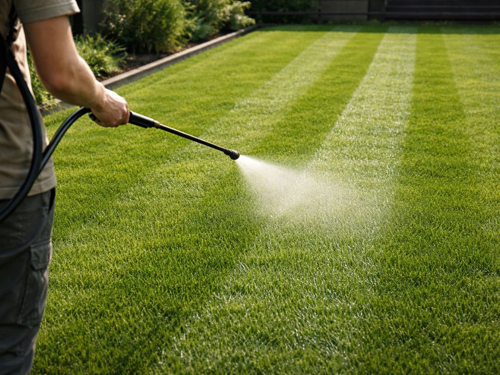 Tuinman die met rugspuit chitosan-spreier op een gazon in banen aanbrengt, minimale tuinsetting
