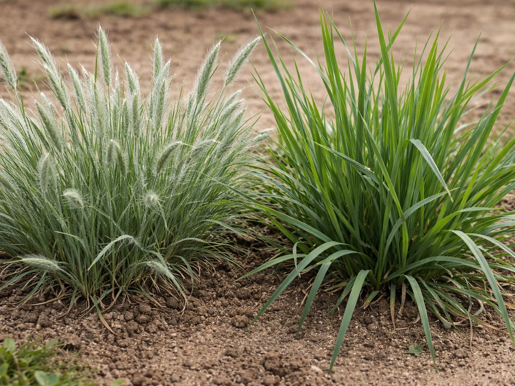 Close-up van twee verschillende grassen op aarde: witbol-achtige blauwgroene sprieten en een ander gazononkruid, met zic