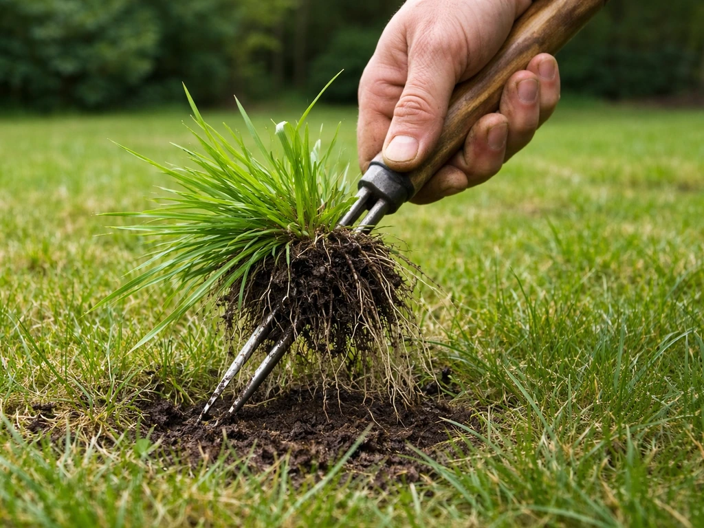 Hand trekt witbol uit met een onkruidsteker, wortels komen mee uit de grasmat.