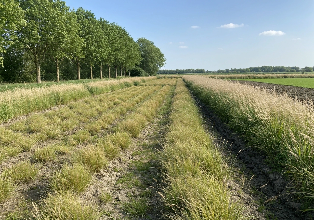 NL-tuin met verdunt gazon met mos/kaal plekje en een siergrassenrand als herkenbare context.