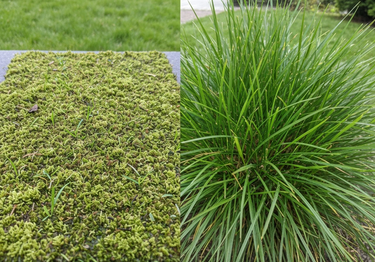 Links mos en weinig gras, rechts dichte, gezonde graspol in een tuin close-up.