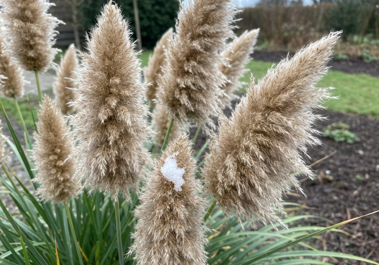 Pampasgras in het voorjaar: oude pollen met gesnoeid kuil-/snoeipunt en nieuwe opkomst in de tuin