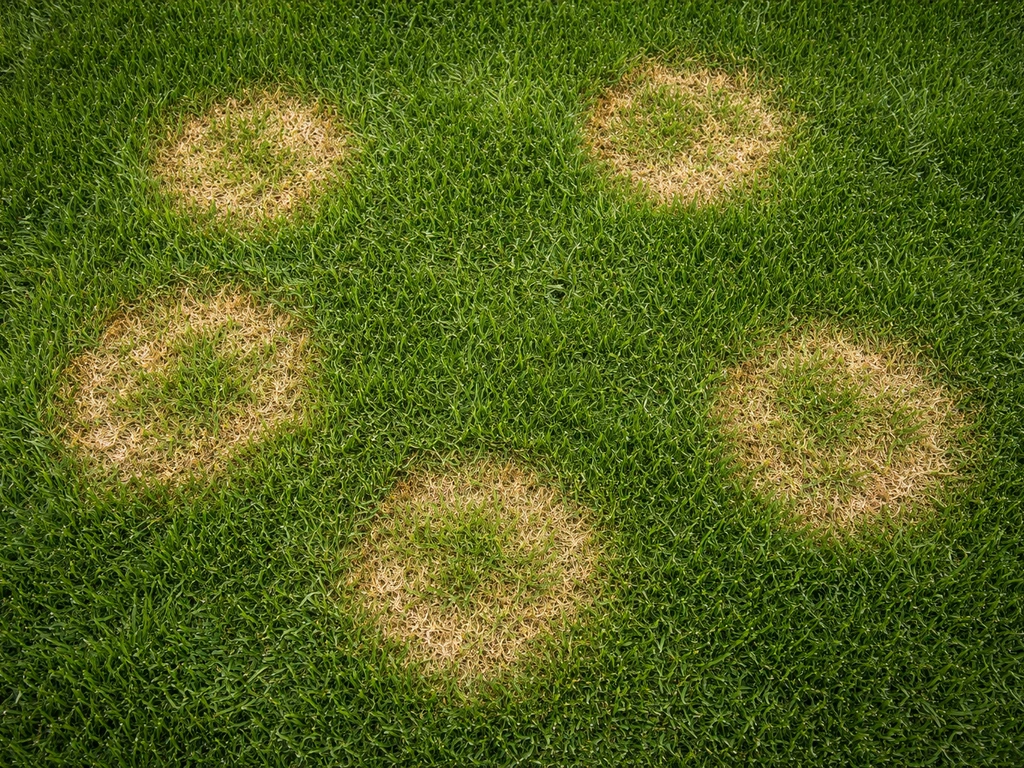 Bovenaanzicht van een gazon met ronde strogele plekken die lijken op dollarspot gras.