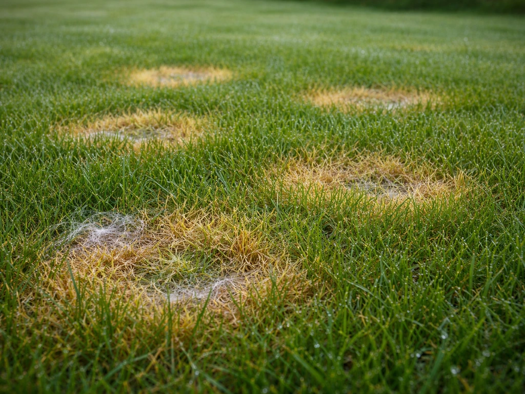 Close-up van ovale grasplekken met geelgroene en strogele verkleuring, met vroeg-ochtend mycelium