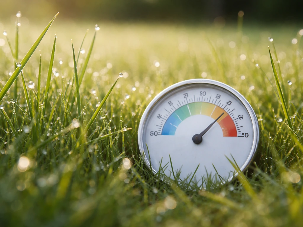 Dauw op grassprieten in de vroege ochtend met een anonieme gazon-thermometer in het gras.