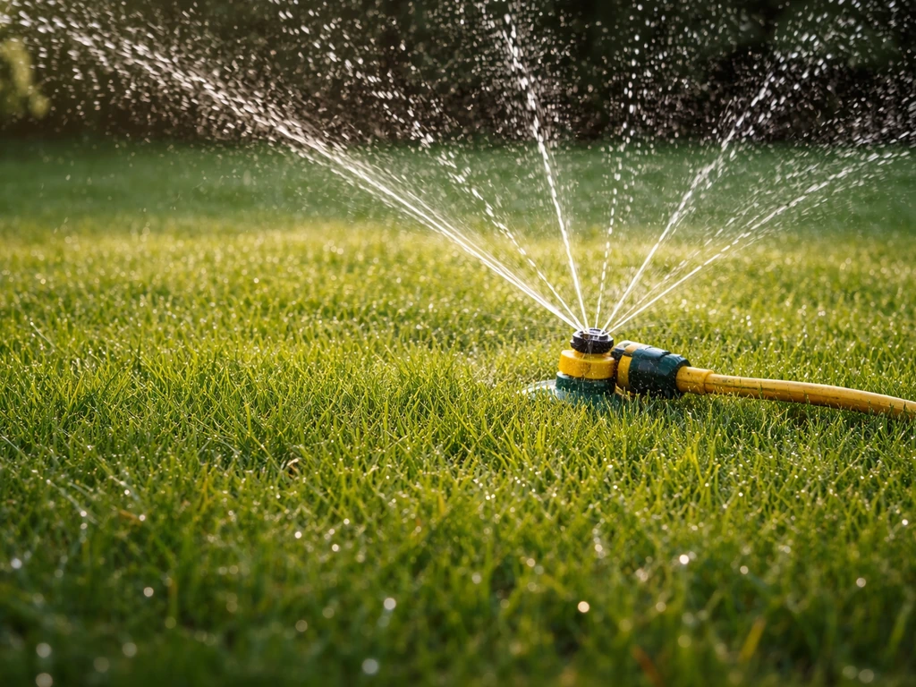 Ochtendbesproeiing: regensproeier geeft dieper water aan het gras, met zichtbare waterdruppels