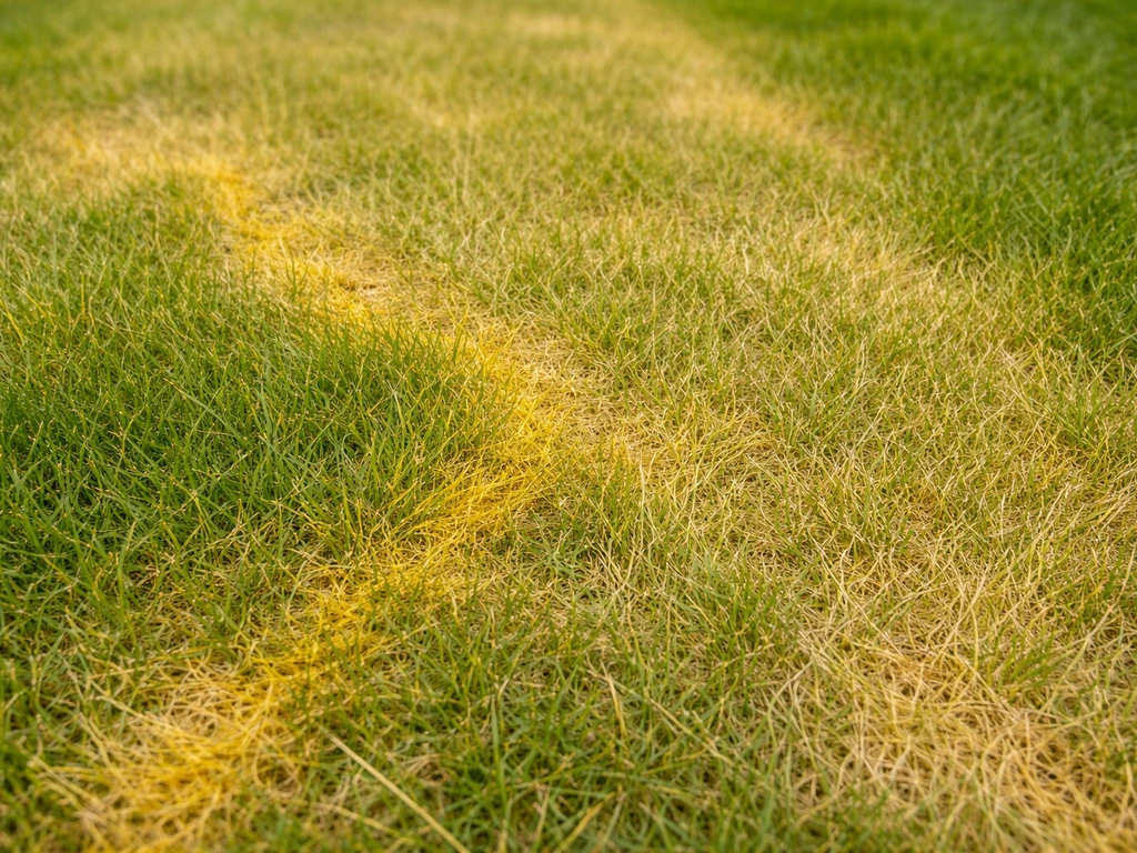 Close-up van gelig en geelgroen gras met duidelijk zichtbare verkleuringspatronen en enkele scherpe gele plekken.