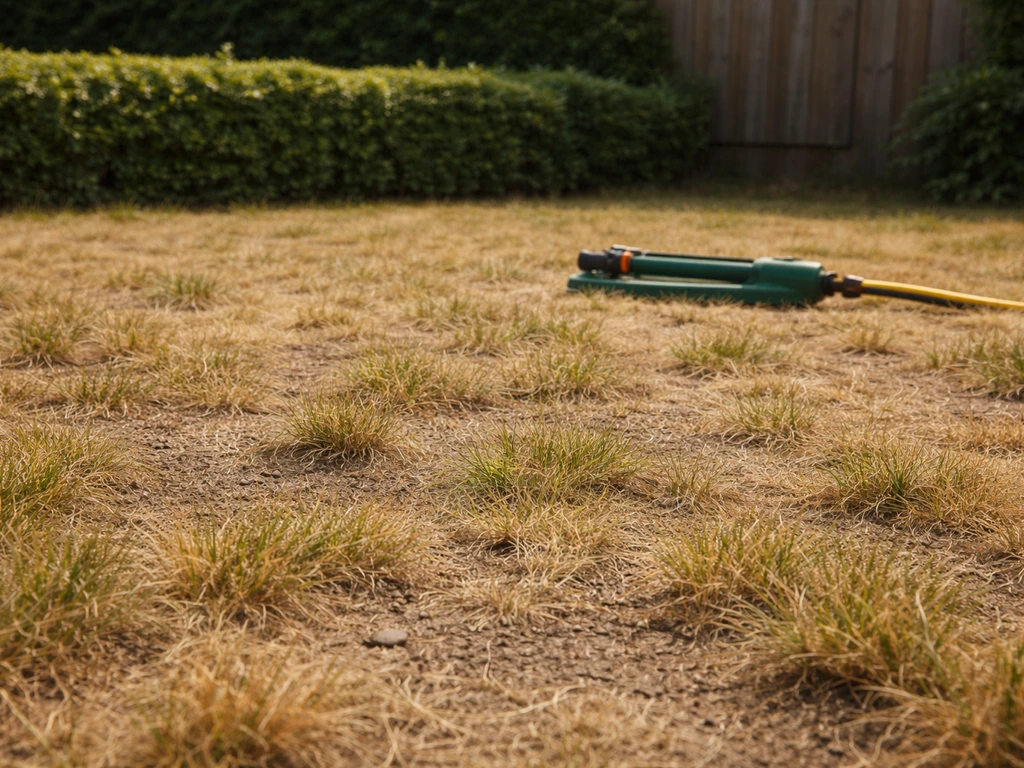 Uitgedroogd, gelig gazon met een beregeningsslang die klaarstaat in een zonnige tuin, minimalistisch en realistisch.