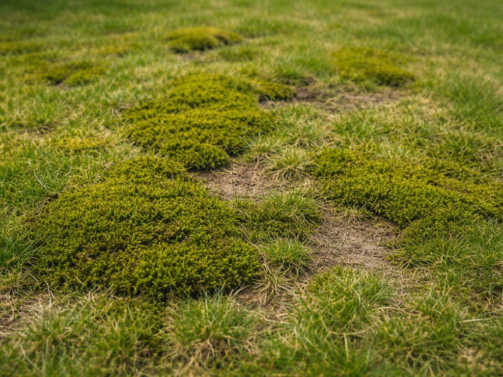 Mosvlekken in een gazon met kale en lichtgroene plekken waar het gras is verdrongen