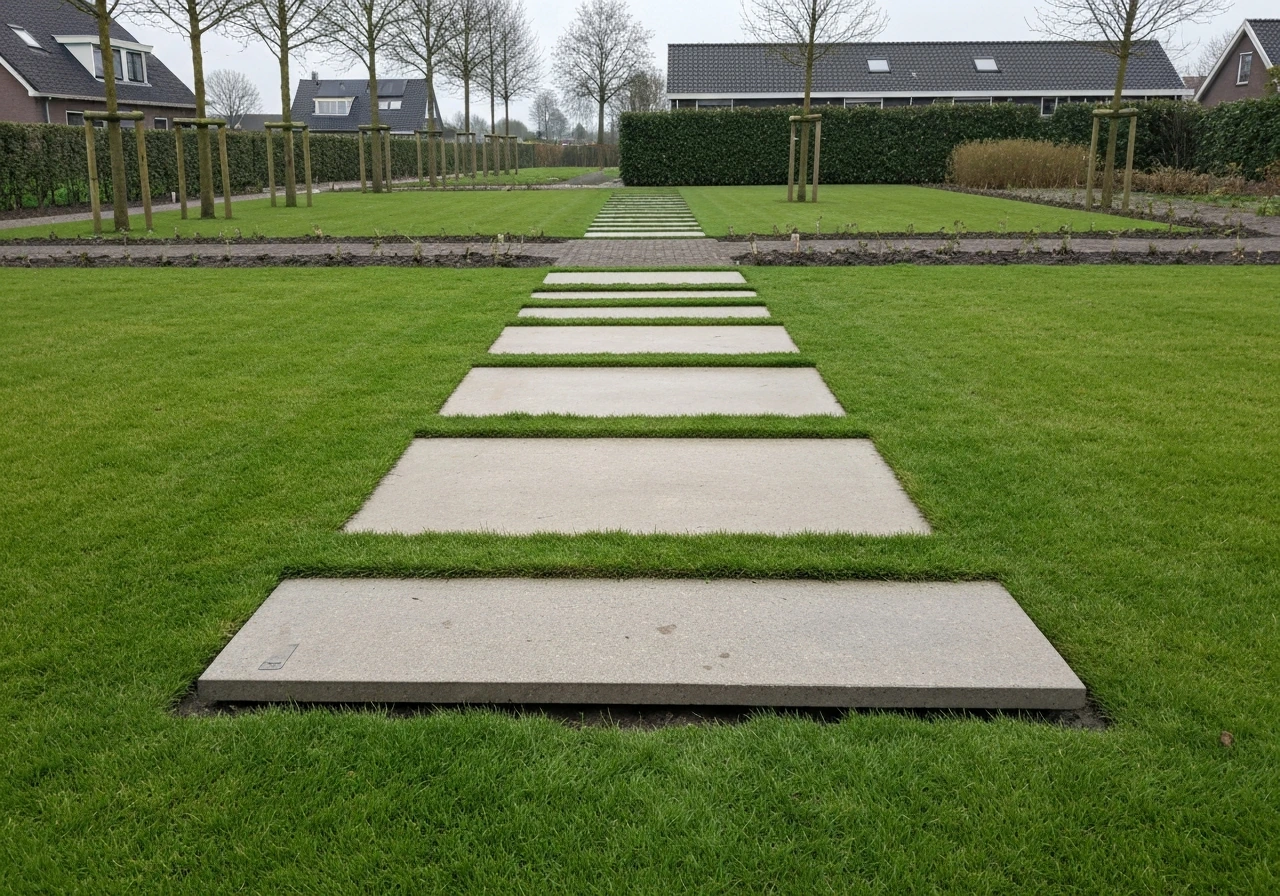 Aangelegd pad in gras met grasplaten door een Nederlandse tuin, omgeven door intact groen en nette randen