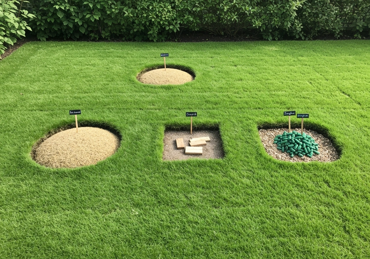 Overzicht van verschillende paden in het gras: staptegels, tegels en grind/graspaden naast elkaar