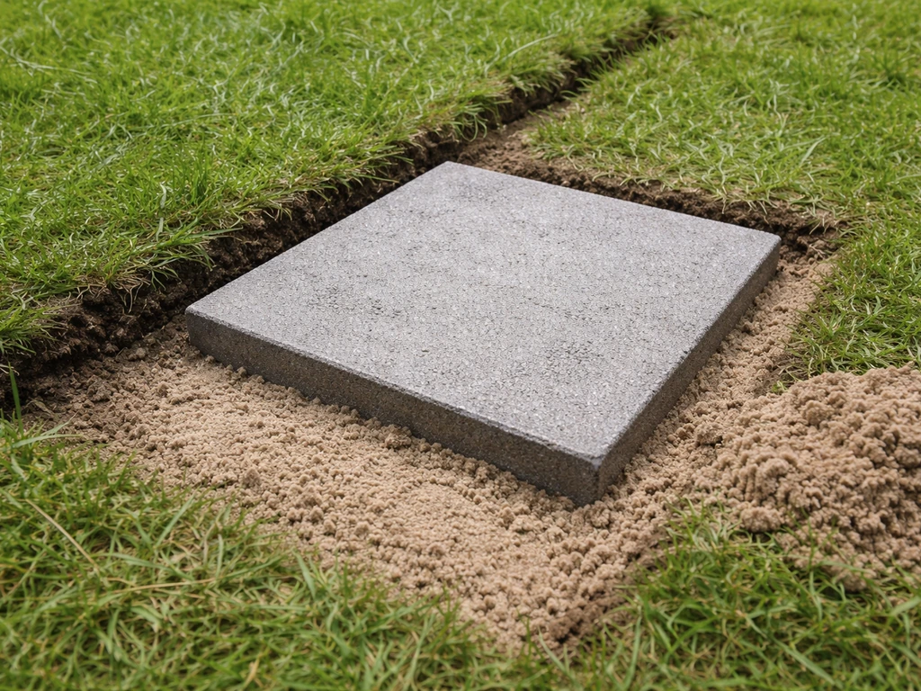 Close-up van één staptegel op een zandbed in het gazon, met zichtbaar hoogteverschil en gazon op de achtergrond.