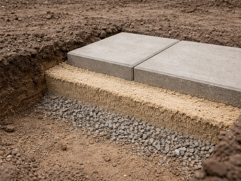 Doorsnede van een tuinpad: steenslagfundering, splitszandbed en één tegel bovenop.