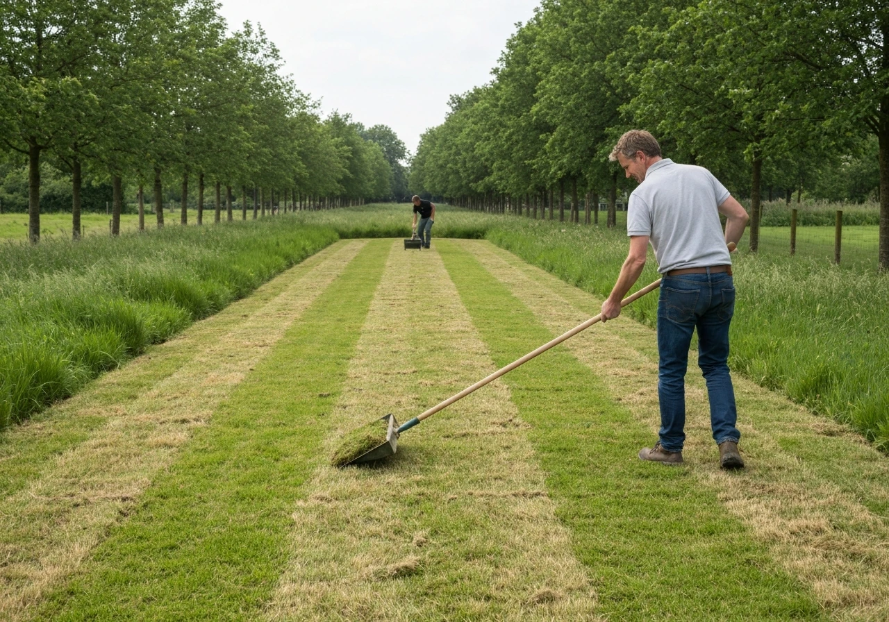 Nette graskant langs een tuinpad, met een graskantmes en bijgesneden grasrand.
