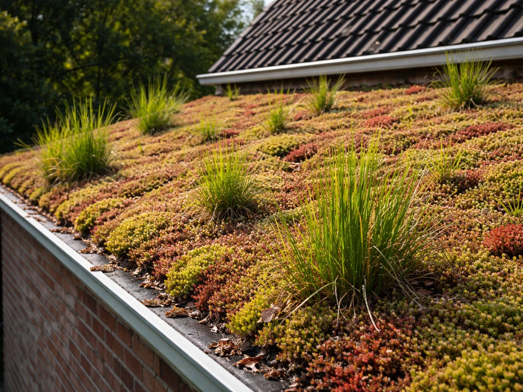 Buitenzijde woning met sedumdak waar gras tussen de sedum is doorgedrongen, duidelijk zichtbaar dat het verwijderd moet