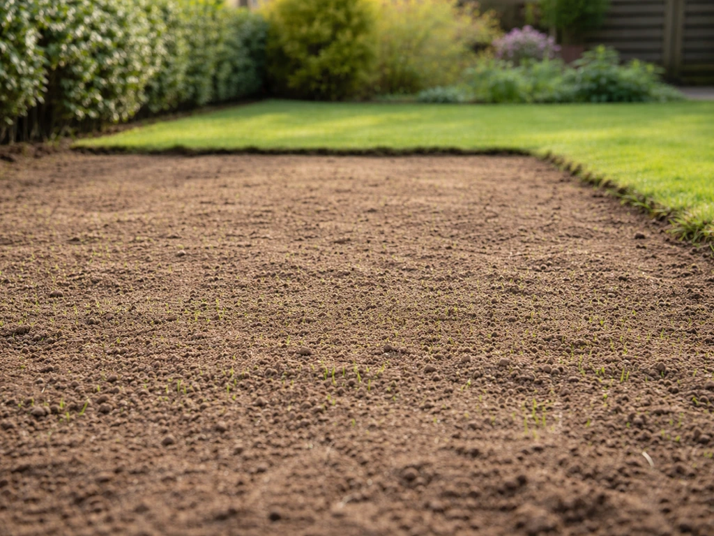 Voorjaarstuin met pas ingezaaid gazon/zaaibed en opkomend gras in Nederland, zachte focus en natuurlijke lichtval.