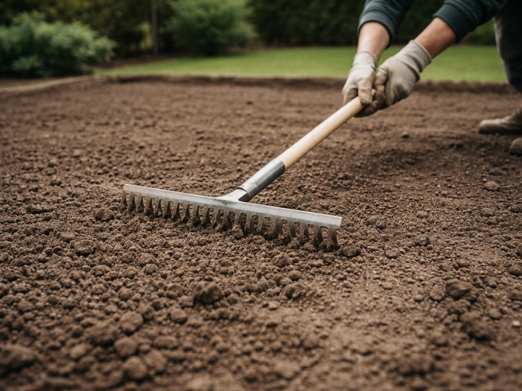 Handen met hark egaliseren omgespitte grond voor het zaaibed van gras in de tuin.