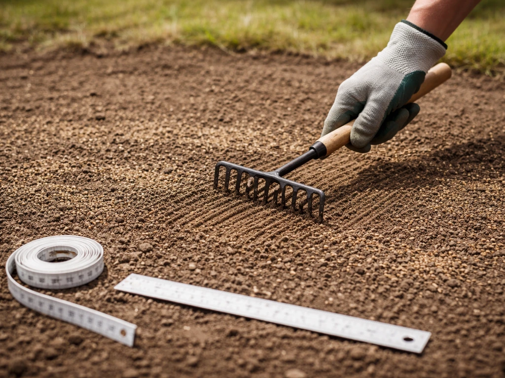 Tuinier werkt licht graszaad in met een hark op een voorbereide gazonbodem, met een meetlint op de achtergrond.