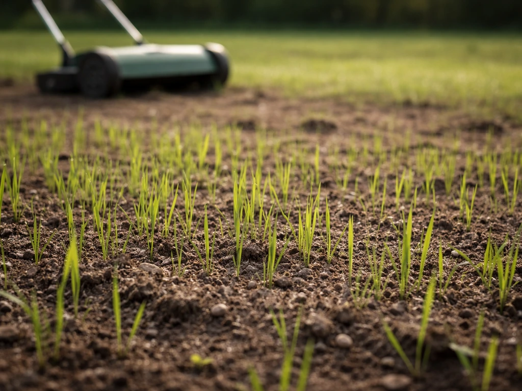 Jonge lichtgroene gras-sprieten op een gazon, met uitzicht op het maaien zodra ze ca. 8–10 cm zijn.