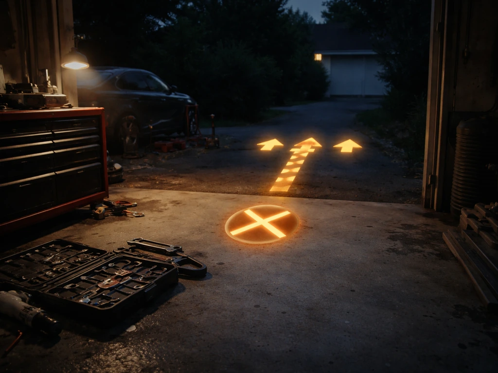 Spelerconcept: game-achtige garage met verkeerd zoeken buiten de missie, aanwijzende pijlen en een onvindbare stash-loca