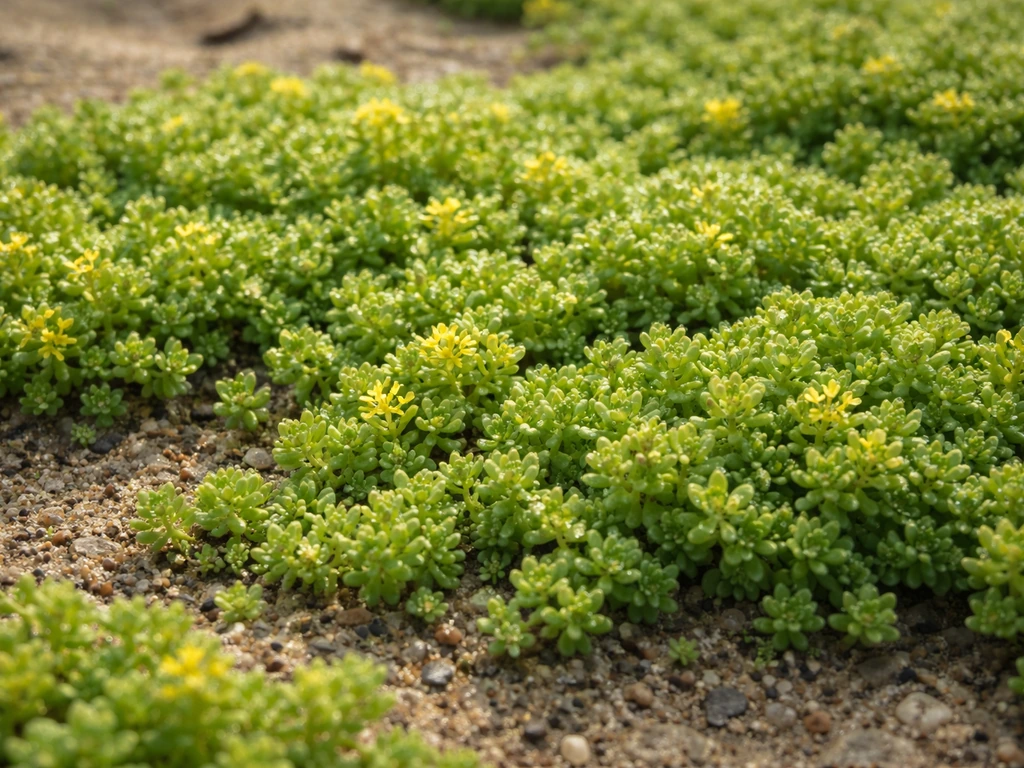 Close-up van een laag sedum-tapijt (muurpeper) met zichtbare vetplanttextuur en kleine bloemetjes